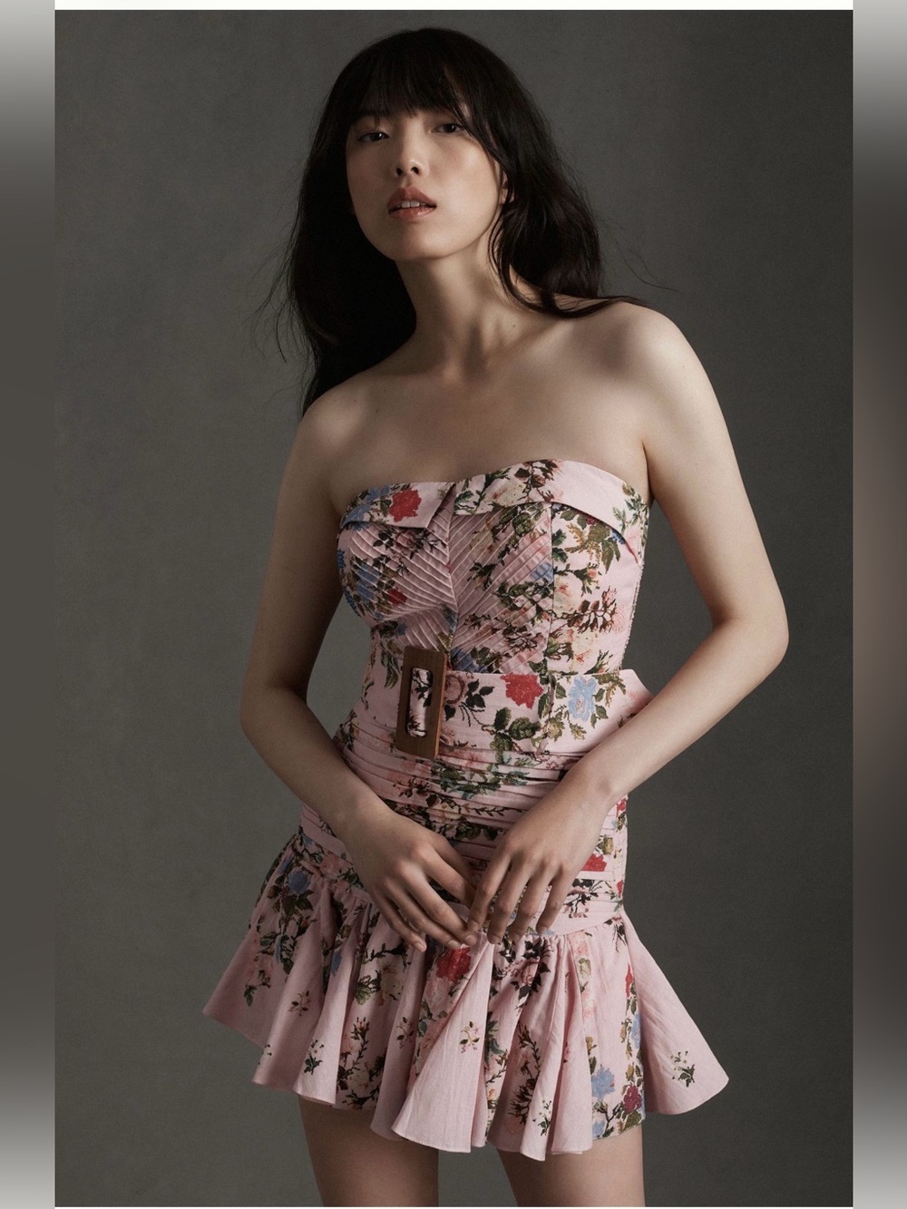 HEMANT & NANDITA Pink Floral Strapless Belted Mini Dress Anthropologie sz S